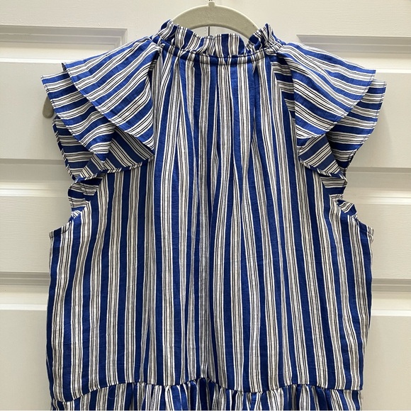 Veronica Beard Zee Dress Linen Viscose Tiered Flutter Sleeve Mini Blue Striped 4 - Picture 6 of 12